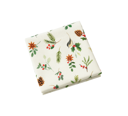 Toalha de mesa em linho de Natal com azevinho, pássaros, pinhas e fundo baunilha | 140 x 260 cm