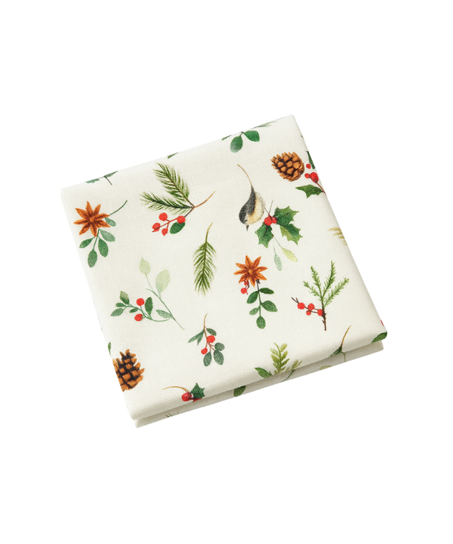 Mantel navideño de lino; Pajaritos, piña y acebo. Fondo Vainilla
