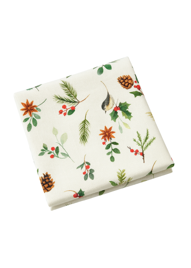 Mantel navideño de lino; Pajaritos, piña y acebo. Fondo Vainilla