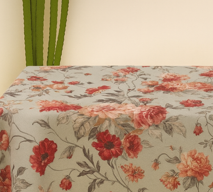 TOALHA DE MESA COM ESTAMPA FLORAL ROMÂNTICA EM TONS DE BORDÔ E ÁGUA-MARINHA | 135 x 340 cm