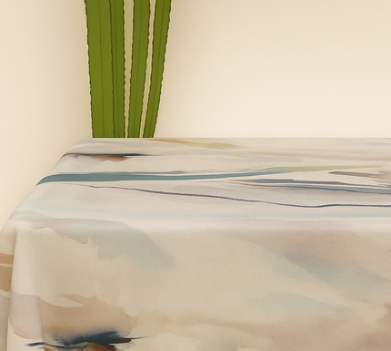 TOALHA DE MESA COM EFEITO AQUARELA ESTAMPADA EM AZUL E CINZA COM DETALHES EM CASTANHO; 130 x 380 cm