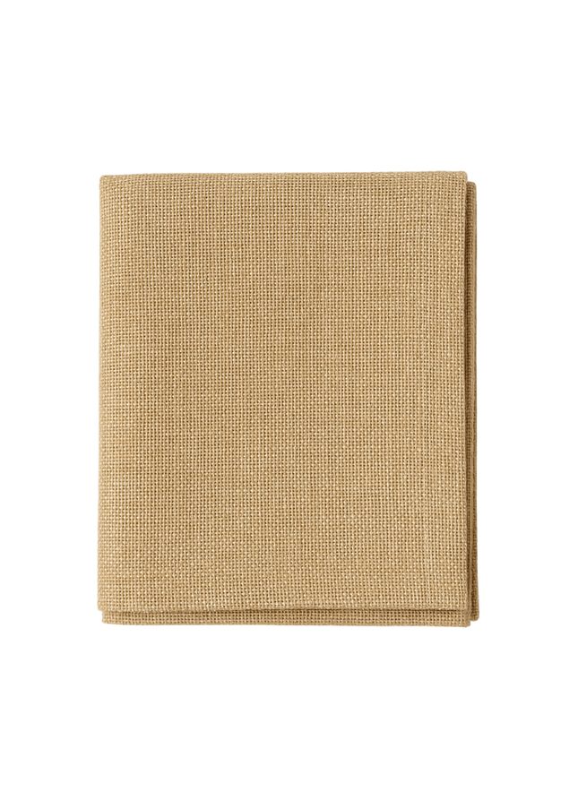 Toalha de mesa em linho, cor branco-sujo.