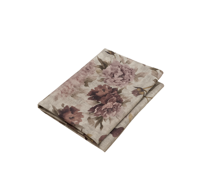 TOALHA DE MESA ESTAMPADA COM PEÓNIA ROMÂNTICA EM TOM MALVADO.